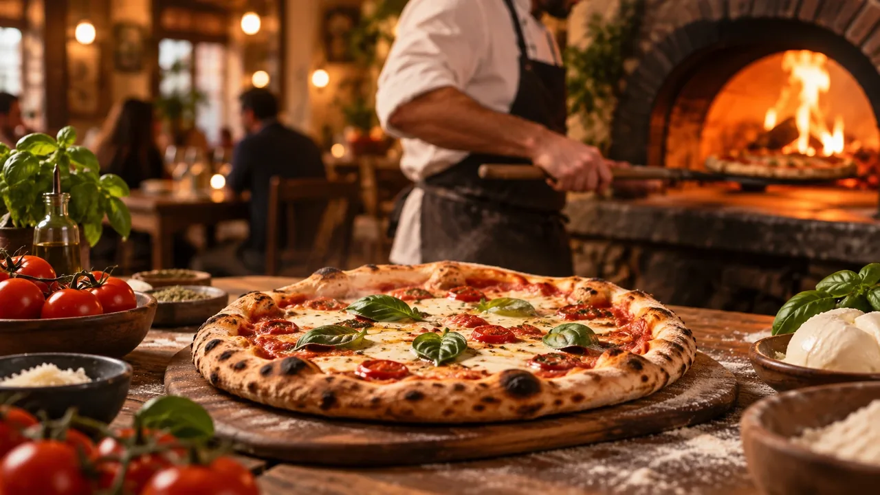 Interior de un restaurante con horno de pizza