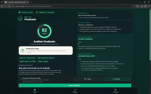 Captura real del resultado de una auditoría en Auditor Inteligente de Embudos
